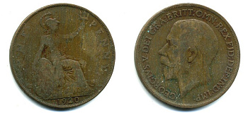 Великобритания 1 пенни 1920 Георг V (1910-1936) KM 810, Spink 4051 бронза 41-326