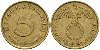 Германия 5 рейхспфеннигов 1938 A KM 91, J. 363 алюминиевая бронза 4151-765