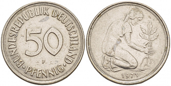 ФРГ 50 ПФЕННИГОВ 1971 F KM 109.1, J. 384 медно-никель 4532-338