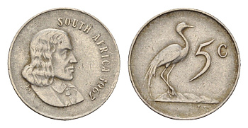 ЮАР 5 центов 1967 Ян ван Рибек (1619-1677), South Africa, легенда на англинском, райский журавль KM 67.1 медно-никель 4643-119