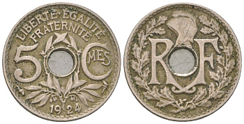 Франция 5 сантимов 1924 KM 875, Le Franc 122/8 медно-никель 4164-1135