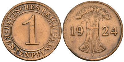 Германия 1 рентенпфенниг 1924 A KM 30, J. 306 бронза 4608-627