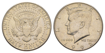 США 1/2 доллара (50 центов) 1992 P, Джон Кеннеди KM A202b медь плакированная медно-никелем aUNC 4517-721