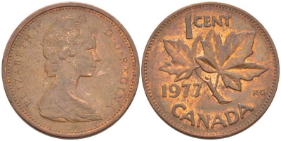 Канада 1 цент 1977 Елизавета II (1952-2022), кленовый лист KM 59.1 бронза 54-833