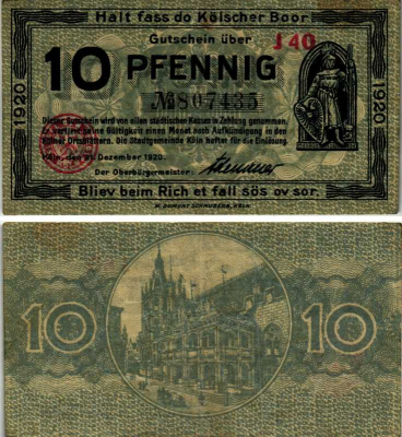 КЁЛЬН 10 ПФЕННИГОВ 1920 31 ДЕКАБРЯ 1920, НОТГЕЛЬД, СЕВЕРНЫЙ РЕЙН-ВЕСТФАЛИЯ, СЕРИЯ J 40 Keller К30.15а бумага 6318-27-3-2