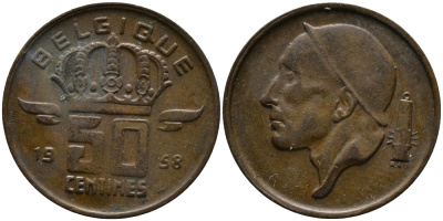 Бельгия 50 сантимов 1958 Belgique, Бодуэн I (1951-1993) KM 148.1 бронза 99-412