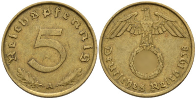 Германия 5 рейхспфеннигов 1938 A KM 91, J. 363 алюминиевая бронза 4151-765