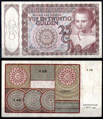 Нидерланды 25 гульденов 1943 "Молодая женщина" (Паулюс Морельс) Pick 60 бумага 451-1135-1