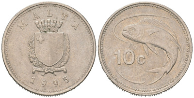 Мальта 10 центов 1995 золотая макрель KM 96 медно-никель 192-1245
