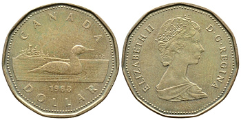 КАНАДА 1 ДОЛЛАР 1988 УТКА KM 157 никель плакированный позолоченной бронзой 4364-1325