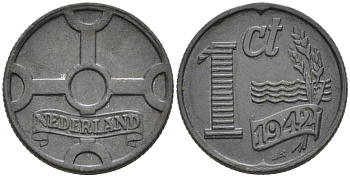 Нидерланды 1 цент 1942 Вильгельмина (1890-1948) KM 170 цинк 4576-744