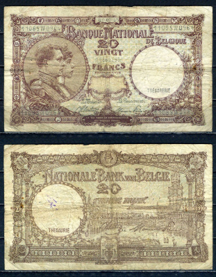 Бельгия 20 франков 1945 05.02.1945, Король Альберт I и его жена Королева Елизавета, Гран-Плас / Гроте Маркт, Брюссель Pick 111 (3) бумага 6301-13-3-2