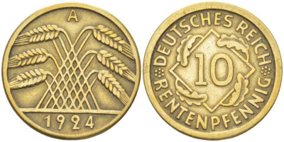ГЕРМАНИЯ 10 РЕНТЕНПФЕННИГОВ 1924 A KM 33, J. 309, Weege 8 алюминиевая бронза 212-751