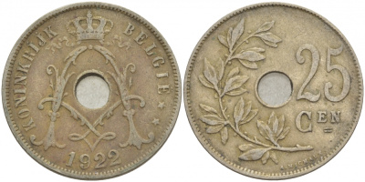 Бельгия 25 сантимов 1922 Belgie, Альберт I (1909-1934) KM 69 медно-никель 4529-1125