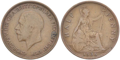 Великобритания 1/2 пенни 1936 Георг V (1910-1936) KM 837, Spink 4058 бронза 217-326