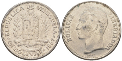Венесуэла 1 боливар 1967 Симон Боливар KM 42 никель 219-1127