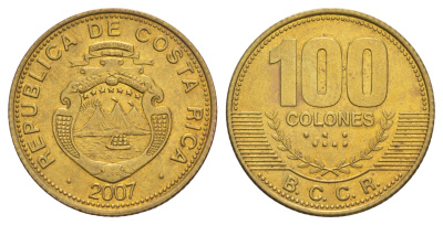 Коста-Рика 100 колонов 2007 KM 240a сталь плакированная латунью UNC 4642-954