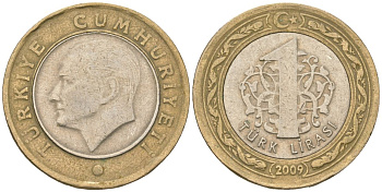 Турция 1 лира 2009 Кемаль Ататюрк KM 1244 биметалл  4610-1147