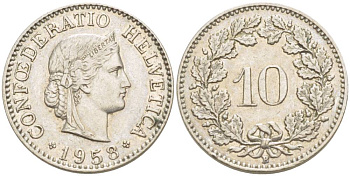 Швейцария 10 раппенов 1958 B KM 27 медно-никель     216-1253