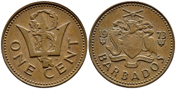 Барбадос 1 цент 1973 сломанный трезубец Британии KM 10 бронза 4396-1242
