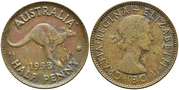 АВСТРАЛИЯ 1/2 ПЕННИ 1953 ЕЛИЗАВЕТА II, КЕНГУРУ KM 49 бронза 4390-942