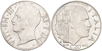 ИТАЛИЯ 20 ЧЕНТЕЗИМО 1941 R, ГОД XIX, ВИКТОР ЭММАНУИЛ III (1900-1946) KM 75b, VEM3. 1028 нержавеющая сталь 3853-943