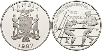 Замбия 100 квача 1992 XXV олимпийские игры в Барселоне 1992 года, бокс KM 28 серебро PROOF 00-00