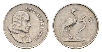 ЮАР 5 центов 1965 Ян ван Рибек (1619-1677), Suid Africa, легенда на африкаанс, райский журавль KM 67.2 медно-никель 4640-1117