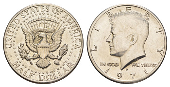 США 1/2 доллара (50 центов) 1971 D, Джон Кеннеди KM 202b медь плакированная медно-никелем aUNC 109-813