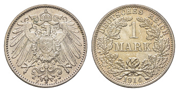 Германия 1 марка 1914 F, Вильгельм II (1888-1918) KM 14, J. 17 серебро aUNC 4626-245
