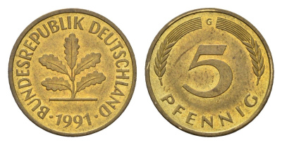 ФРГ 5 пфеннигов 1991 G KM 107, J. 382 сталь плакированная латунью 206-259