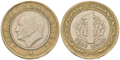 Турция 1 лира 2009 Кемаль Ататюрк KM 1244 биметалл  4610-1147