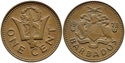 Барбадос 1 цент 1973 сломанный трезубец Британии KM 10 бронза 4396-1242