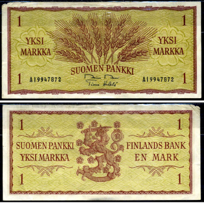 Финляндия 1 марка 1963 Pick 98a (31) бумага 3295-30-2-2