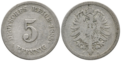 ГЕРМАНИЯ 5 ПФЕННИГОВ 1888 J, СТАРОГЕРБОВКА KM 3, J. 3 медно-никель 39-419