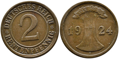 ГЕРМАНИЯ 2 РЕНТЕНПФЕННИГА 1924 E KM 31, J.307 бронза 4387-1134