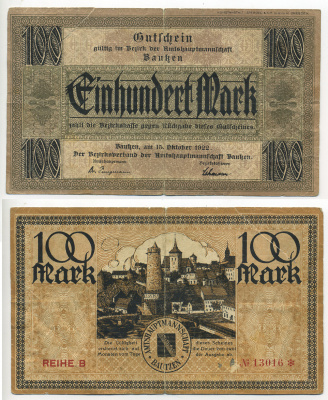 БАУТЦЕН 100 МАРОК 1922 НОТГЕЛЬД, 15 ОКТЯБРЯ 1922, ЗЕМЛЯ САКСОНИЯ бумага 6317-32-1