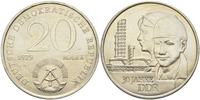 ГДР 20 марок 1979 A, 30 лет образования ГДР J. 1573, KM 75 медь никель цинк 4558-733