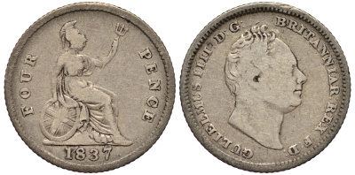 Великобритания 4 пенса (гроут) 1837 Вильгельм IV (1830-1837) КМ 723, Spink 3837 серебро 1520-1144