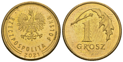 Польша 1 грош 2021 MW KM 923 сталь плакированная латунью 4585-124