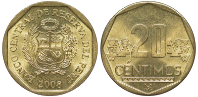 Перу 20 сентимо 2008 KM 306.4 латунь aUNC 4605-443