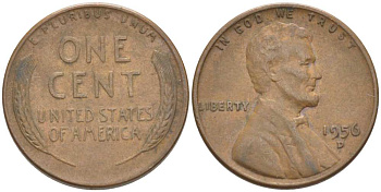 США 1 ЦЕНТ 1956 D, ЛИНКОЛЬН KM А132 медь цинк 3309-1158