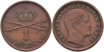 ДАНИЯ 1 РИКСБАНКСКИЛЛИНГ 1853 VS, ФРЕДЕРИК VII (1848-1863), MEDIUM BUST KM 756 (C132b) медь 28-457