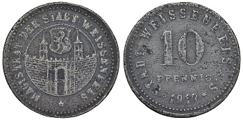 Германия, Вайсенфельс 10 пфеннигов 1917 Саксония-Анхальт, нотгельд цинк 4119-1222