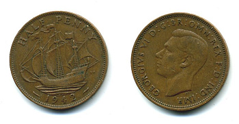Великобритания 1/2 пенни 1942 Георг VI (1936-1952) KM 844, Spink 4115 бронза 41-841