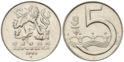 Чехия 5 крон 1993 чешский лев, Карлов мост KM 8 сталь плакированная никелем 60-732