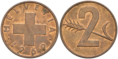Швейцария 2 раппена 1969 KM 47 бронза 4563-651