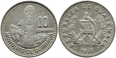 Гватемала 10 сентаво 1990 монолиты Киригуа KM 277.5 медно-никель 4390-111