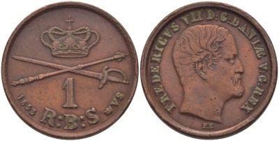 ДАНИЯ 1 РИКСБАНКСКИЛЛИНГ 1853 VS, ФРЕДЕРИК VII (1848-1863), MEDIUM BUST KM 756 (C132b) медь 28-457