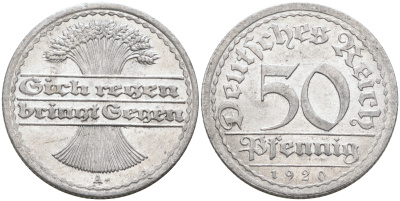 Германия 50 пфеннигов 1920 А KM 27 J.301 алюминий  UNC  4589-217